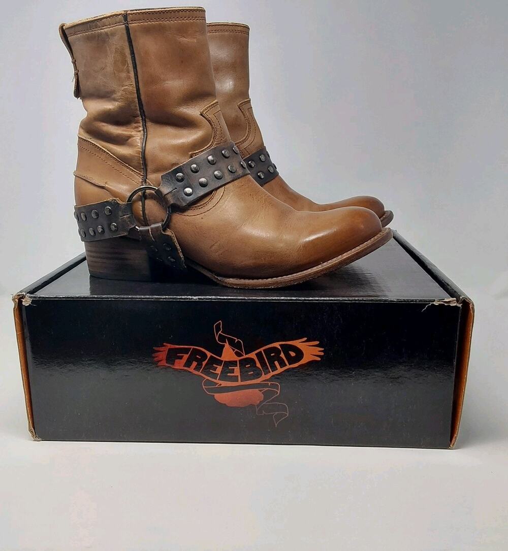 Freebird by Steven Ramone Womens 9 Brown Leather Studded Harness Moto Boots